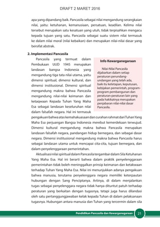 21Pendidikan Pancasila dan Kewarganegaraan
apa yang dipandang baik. Pancasila sebagai nilai mengandung serangkaian
nilai, yaitu: ketuhanan, kemanusiaan, persatuan, keadilan. Kelima nilai
tersebut merupakan satu kesatuan yang utuh, tidak terpisahkan mengacu
kepada tujuan yang satu. Pancasila sebagai suatu sistem nilai termasuk
ke dalam nilai moral (nilai kebaikan) dan merupakan nilai-nilai dasar yang
bersifat abstrak.
2. Implementasi Pancasila
Pancasila yang termuat dalam
Pembukaan UUD 1945 merupakan
landasan bangsa Indonesia yang
mengandung tiga tata nilai utama, yaitu
dimensi spiritual, dimensi kultural, dan
dimensi institusional. Dimensi spiritual
mengandung makna bahwa Pancasila
mengandung nilai-nilai keimanan dan
ketaqwaan Kepada Tuhan Yang Maha
Esa sebagai landasan keseluruhan nilai
dalam falsafah negara. Hal ini termasuk
pengakuanbahwaataskemahakuasaandancurahanrahmatdariTuhanYang
Maha Esa perjuangan Bangsa Indonesia merebut kemerdekaan terwujud.
Dimensi kultural mengandung makna bahwa Pancasila merupakan
landasan falsafah negara, pandangan hidup bernegara, dan sebagai dasar
negara. Dimensi institusional mengandung makna bahwa Pancasila harus
sebagai landasan utama untuk mencapai cita-cita, tujuan bernegara, dan
dalam penyelenggaraan pemerintahan.
AktualisasinilaispiritualdalamPancasilatergambardalamSilaKetuhanan
Yang Maha Esa. Hal ini berarti bahwa dalam praktik penyelenggaraan
pemerintahan tidak boleh meninggalkan prinsip keimanan dan ketakwaan
terhadap Tuhan Yang Maha Esa. Nilai ini menunjukkan adanya pengakuan
bahwa manusia, terutama penyelenggara negara memiliki keterpautan
hubungan dengan Sang Penciptanya. Artinya, di dalam menjalankan
tugas sebagai penyelenggara negara tidak hanya dituntut patuh terhadap
peraturan yang berkaitan dengan tugasnya, tetapi juga harus dilandasi
oleh satu pertanggungjawaban kelak kepada Tuhan di dalam pelaksanaan
tugasnya. Hubungan antara manusia dan Tuhan yang tercermin dalam sila
Info Kewarganegaraan
Nilai-Nilai Pancasila
dijabarkan dalam setiap
peraturan perundang-
undangan yang telah ada,
baik itu ketetapan, keputusan,
kebijakan pemerintah, program-
program pembangunan dan
peraturan-peraturan lain yang
pada hakikatnya merupakan
penjabaran nilai-nilai dasar
Pancasila.
DRAFT 2 MARET 2016
 