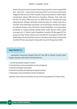 Kelas X SMA/MA/SMK/MAK46
tetapi, ada juga di antara orang-orang asing yang telah masuk menjadi WNI
atau keturunan orang-orang asing yang telah turun-temurun bertempat
tinggal di Indonesia dan telah menjadi orang-orang Indonesia. Kalian dapat
menyaksikan adanya WNI keturunan Tionghoa, Belanda, Arab, India dan
lain-lain. Di antara WNI keturunan itu, WNI keturunan Tionghoa-lah yang
paling banyak. Sebagai penduduk Indonesia yang sah, setiap orang harus
memiliki surat keterangan penduduk. Surat keterangan tersebut di negara
kita dikenal dengan nama KTP (Kartu Tanda Penduduk). Surat keterangan
penduduk itu sangat penting, apabila kalian sudah dewasa kelak (sudah
mencapai usia 17 tahun), kalian diwajibkan memiliki KTP. Mengapa KTP itu
sangat penting? Hanya mereka yang memiliki KTP yang dapat memilih dan
dipilih dalam Pemilu (Pemilihan Umum). Demikian pula, hanya mereka yang
memiliki KTP-lah yang dapat memperoleh Surat Izin Mengemudi (SIM).
Tugas Mandiri 2.2
Lakukanlah wawancara dengan ketua RT atau RW di wilayah tempat kalian
tinggal. Tanyakan oleh kalian hal-hal berikut ini.
1. Jumlah penduduk wilayah tersebut.
2. Perbandingan antara penduduk asli dan pendatang.
3. Hak dan kewajiban penduduk.
4. Hak dan kewajiban pendatang di wilayah tersebut.
5. Hubungan antara penduduk asli dan pendatang.
Laporkan hasil wawancara tersebut secara tertulis dan paparkan di depan kelas.
DRAFT 2 MARET 2016
 