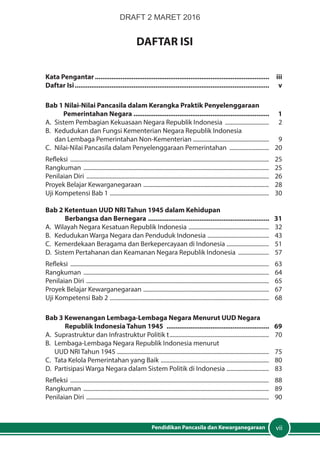 viiPendidikan Pancasila dan Kewarganegaraan
DAFTAR ISI
Kata Pengantar................................................................................................	iii
Daftar Isi...........................................................................................................	v
Bab 1 Nilai-Nilai Pancasila dalam Kerangka Praktik Penyelenggaraan
Pemerintahan Negara ...........................................................................	1
A.	 Sistem Pembagian Kekuasaan Negara Republik Indonesia ...............................	2
B.	 Kedudukan dan Fungsi Kementerian Negara Republik Indonesia
	 dan Lembaga Pemerintahan Non-Kementerian ....................................................	9
C.	 Nilai-Nilai Pancasila dalam Penyelenggaraan Pemerintahan ............................	20
Refleksi .........................................................................................................................................	25
Rangkuman ................................................................................................................................	25
Penilaian Diri ..............................................................................................................................	26
Proyek Belajar Kewarganegaraan .......................................................................................	28
Uji Kompetensi Bab 1 ..............................................................................................................	30
Bab 2 Ketentuan UUD NRI Tahun 1945 dalam Kehidupan
Berbangsa dan Bernegara ...................................................................	31
A.	 Wilayah Negara Kesatuan Republik Indonesia ........................................................	32
B.	 Kedudukan Warga Negara dan Penduduk Indonesia ...........................................	43
C.	 Kemerdekaan Beragama dan Berkepercayaan di Indonesia ..............................	51
D.	 Sistem Pertahanan dan Keamanan Negara Republik Indonesia ......................	57
Refleksi .........................................................................................................................................	63
Rangkuman ................................................................................................................................	64
Penilaian Diri ..............................................................................................................................	65
Proyek Belajar Kewarganegaraan .......................................................................................	67
Uji Kompetensi Bab 2 ..............................................................................................................	68
Bab 3 Kewenangan Lembaga-Lembaga Negara Menurut UUD Negara
Republik Indonesia Tahun 1945 .........................................................	69
A.	 Suprastruktur dan Infrastruktur Politik t.....................................................................	70
B.	 Lembaga-Lembaga Negara Republik Indonesia menurut
	 UUD NRI Tahun 1945 .........................................................................................................	75
C.	 Tata Kelola Pemerintahan yang Baik ...........................................................................	80
D.	 Partisipasi Warga Negara dalam Sistem Politik di Indonesia ..............................	83
Refleksi .........................................................................................................................................	88
Rangkuman ................................................................................................................................	89
Penilaian Diri ..............................................................................................................................	90
DRAFT 2 MARET 2016
 