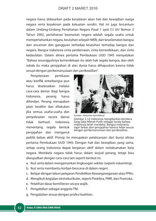 Kelas X SMA/MA/SMK/MAK62
negara harus didasarkan pada kesadaran akan hak dan kewajiban warga
negara serta keyakinan pada kekuatan sendiri. Hal ini juga tercantum
dalam Undang-Undang Pertahanan Negara Pasal 1 ayat (1) UU Nomor 3
Tahun 2002, pertahanan keamanan negara adalah segala usaha untuk
mempertahankan negara, keutuhan wilayah NKRI, dan keselamatan bangsa
dari ancaman dan gangguan terhadap keutuhan terhadap bangsa dan
negara. Bangsa Indonesia cinta perdamaian, cinta kemerdekaan, dan cinta
kedaulatan. Dalam alinea pertama Pembukaan UUD 1945 menyatakan
“Bahwa sesungguhnya kemerdekaan itu ialah hak segala bangsa, dan oleh
sebab itu maka penjajahan di atas dunia harus dihapuskan karena tidak
sesuai dengan perikemanusiaan dan perikeadilan”.
Penyelesaian pertikaian
atau konflik antarbangsa pun
harus diselesaikan melalui
cara-cara damai. Bagi bangsa
Indonesia, perang harus
dihindari. Perang merupakan
jalan terakhir dan dilakukan
jika semua usaha-usaha dan
penyelesaian secara damai
tidak berhasil. Indonesia
menentang segala bentuk
penjajahan dan menganut
politik bebas aktif. Prinsip ini merupakan pelaksanaan dari bunyi alinea
pertama Pembukaan UUD 1945. Dengan hak dan kewajiban yang sama,
setiap orang Indonesia dapat berperan aktif dalam melaksanakan bela
negara. Membela negara tidak harus dalam wujud perang, tetapi bisa
diwujudkan dengan cara-cara lain seperti berikut ini.
a.	 Ikut serta dalam mengamankan lingkungan sekitar (seperti siskamling).
b.	 Ikut serta membantu korban bencana di dalam negeri.
c.	 Belajar dengan tekun pelajaran Pendidikan Kewarganegaraan atau PPKn.
d.	 Mengikuti kegiatan ekstrakurikuler, seperti Paskibra, PMR, dan Pramuka.
e.	 Pelatihan dasar kemiliteran secara wajib.
f.	 Pengabdian sebagai anggota TNI.
g.	 Pengabdian sesuai dengan profesi keahlian.
Sumber: dokumen kemdikbud
Gambar 2.12 Indonesia mengibarkan bendera
Sang Saka Merah Putih sebagai tanda bahwa
Indonesia telah merdeka. Bangsa Indonesia
ingin bebas dari penjajahan karena tidak sesuai
dengan perikemanusiaan dan perikeadilan.
DRAFT 2 MARET 2016
 