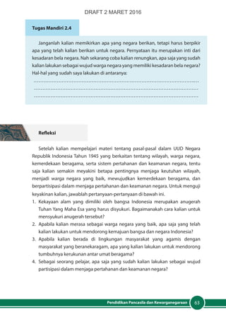 63Pendidikan Pancasila dan Kewarganegaraan
Tugas Mandiri 2.4
Janganlah kalian memikirkan apa yang negara berikan, tetapi harus berpikir
apa yang telah kalian berikan untuk negara. Pernyataan itu merupakan inti dari
kesadaran bela negara. Nah sekarang coba kalian renungkan, apa saja yang sudah
kalian lakukan sebagai wujud warga negara yang memiliki kesadaran bela negara?
Hal-hal yang sudah saya lakukan di antaranya:
…………………………………………………………………………………….…
………………………………………………………………………………………
………………………………………………………………………………………
Refleksi
Setelah kalian mempelajari materi tentang pasal-pasal dalam UUD Negara
Republik Indonesia Tahun 1945 yang berkaitan tentang wilayah, warga negara,
kemerdekaan beragama, serta sistem pertahanan dan keamanan negara, tentu
saja kalian semakin meyakini betapa pentingnya menjaga keutuhan wilayah,
menjadi warga negara yang baik, mewujudkan kemerdekaan beragama, dan
berpartisipasi dalam menjaga pertahanan dan keamanan negara. Untuk menguji
keyakinan kalian, jawablah pertanyaan-pertanyaan di bawah ini.
1.	Kekayaan alam yang dimiliki oleh bangsa Indonesia merupakan anugerah
Tuhan Yang Maha Esa yang harus disyukuri. Bagaimanakah cara kalian untuk
mensyukuri anugerah tersebut?
2.	 Apabila kalian merasa sebagai warga negara yang baik, apa saja yang telah
kalian lakukan untuk mendorong kemajuan bangsa dan negara Indonesia?
3.	Apabila kalian berada di lingkungan masyarakat yang agamis dengan
masyarakat yang beranekaragam, apa yang kalian lakukan untuk mendorong
tumbuhnya kerukunan antar umat beragama?
4.	 Sebagai seorang pelajar, apa saja yang sudah kalian lakukan sebagai wujud
partisipasi dalam menjaga pertahanan dan keamanan negara?
DRAFT 2 MARET 2016
 