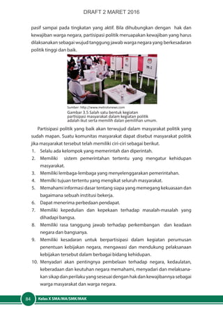 Kelas X SMA/MA/SMK/MAK84
pasif sampai pada tingkatan yang aktif. Bila dihubungkan dengan hak dan
kewajiban warga negara, partisipasi politik meruapakan kewajiban yang harus
dilaksanakan sebagai wujud tanggung jawab warga negara yang berkesadaran
politik tinggi dan baik.
Sumber: http://www.metrotvnews.com
Gambar 3.5 Salah satu bentuk kegiatan
partisipasi masyarakat dalam kegiatan politik
adalah ikut serta memilih dalan pemilihan umum.
Partisipasi politik yang baik akan terwujud dalam masyarakat politik yang
sudah mapan. Suatu komunitas masyarakat dapat disebut masyarakat politik
jika masyarakat tersebut telah memiliki ciri-ciri sebagai berikut.
1.	 Selalu ada kelompok yang memerintah dan diperintah.
2.	 Memiliki sistem pemerintahan tertentu yang mengatur kehidupan
masyarakat.
3.	 Memiliki lembaga-lembaga yang menyelenggarakan pemerintahan.
4.	 Memilki tujuan tertentu yang mengikat seluruh masyarakat.
5.	 Memahami informasi dasar tentang siapa yang memegang kekuasaan dan
bagaimana sebuah institusi bekerja.
6.	 Dapat menerima perbedaan pendapat.
7.	 Memiliki kepedulian dan kepekaan terhadap masalah-masalah yang
dihadapi bangsa.
8.	 Memiliki rasa tanggung jawab terhadap perkembangan dan keadaan
negara dan bangsanya.
9.	 Memiliki kesadaran untuk berpartisipasi dalam kegiatan perumusan
penentuan kebijakan negara, mengawasi dan mendukung pelaksanaan
kebijakan tersebut dalam berbagai bidang kehidupan.
10.	Menyadari akan pentingnya pembelaan terhadap negara, kedaulatan,
keberadaan dan keutuhan negara memahami, menyadari dan melaksana-
kan sikap dan perilaku yang seseuai dengan hak dan kewajibannya sebagai
warga masyarakat dan warga negara.
DRAFT 2 MARET 2016
 