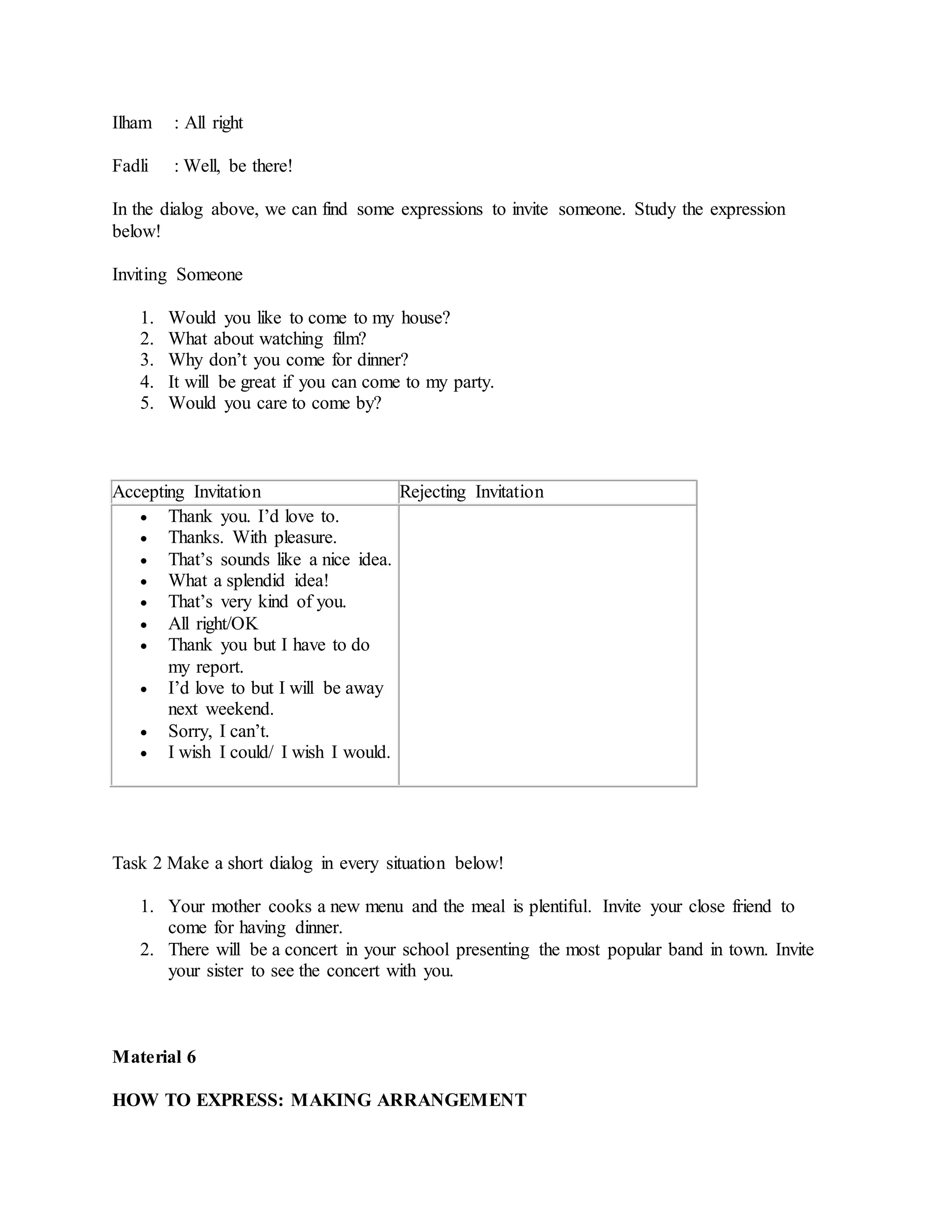 Ilham : All right
Fadli : Well, be there!
In the dialog above, we can find some expressions to invite someone. Study the expression
below!
Inviting Someone
1. Would you like to come to my house?
2. What about watching film?
3. Why don’t you come for dinner?
4. It will be great if you can come to my party.
5. Would you care to come by?
Accepting Invitation Rejecting Invitation
 Thank you. I’d love to.
 Thanks. With pleasure.
 That’s sounds like a nice idea.
 What a splendid idea!
 That’s very kind of you.
 All right/OK
 Thank you but I have to do
my report.
 I’d love to but I will be away
next weekend.
 Sorry, I can’t.
 I wish I could/ I wish I would.
Task 2 Make a short dialog in every situation below!
1. Your mother cooks a new menu and the meal is plentiful. Invite your close friend to
come for having dinner.
2. There will be a concert in your school presenting the most popular band in town. Invite
your sister to see the concert with you.
Material 6
HOW TO EXPRESS: MAKING ARRANGEMENT
 
