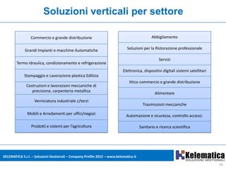 Soluzioni verticali per settore

                 Commercio e grande distribuzione                                            Abbigliamento


             Grandi Impianti e macchine Automatiche                          Soluzioni per la Ristorazione professionale

                                                                                                 Servizi
        Termo idraulica, condizionamento e refrigerazione
                                                                          Elettronica, dispositivi digitali sistemi satellitari
             Stampaggio e Lavorazione plastica Edilizia
                                                                              Ittico commercio e grande distribuzione
              Costruzioni e lavorazioni meccaniche di
                 precisione, carpenteria metallica
                                                                                               Alimentare
                   Verniciatura industriale c/terzi
                                                                                        Trasmissioni meccaniche

               Mobili e Arredamenti per uffici/negozi                       Automazione e sicurezza, controllo accessi.

                 Prodotti e sistemi per l’agricoltura                                 Sanitario e ricerca scientifica




KELEMATICA S.r.l. – Soluzioni Gestionali – Company Profile 2012 – www.kelematica.it

                                                                                                                                  14
 