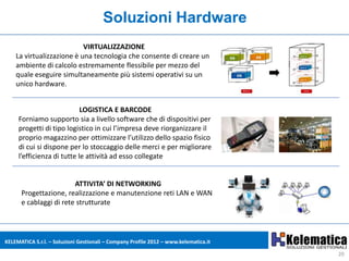 Soluzioni Hardware
                           VIRTUALIZZAZIONE
    La virtualizzazione è una tecnologia che consente di creare un
    ambiente di calcolo estremamente flessibile per mezzo del
    quale eseguire simultaneamente più sistemi operativi su un
    unico hardware.


                            LOGISTICA E BARCODE
     Forniamo supporto sia a livello software che di dispositivi per
     progetti di tipo logistico in cui l’impresa deve riorganizzare il
     proprio magazzino per ottimizzare l’utilizzo dello spazio fisico
     di cui si dispone per lo stoccaggio delle merci e per migliorare
     l’efficienza di tutte le attività ad esso collegate


                        ATTIVITA’ DI NETWORKING
      Progettazione, realizzazione e manutenzione reti LAN e WAN
      e cablaggi di rete strutturate




KELEMATICA S.r.l. – Soluzioni Gestionali – Company Profile 2012 – www.kelematica.it

                                                                                      20
 