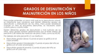 GRADOS DE DESNUTRICIÓN Y
MALNUTRICIÓN EN LOS NIÑOS
Para poder entender un poco más qué es la desnutrición infantil,
es importante que conozcas que existen diferentes grados de
desnutrición y malnutrición en los niños. Para poder establecer
cuando un niño se encuentra desnutrido, es necesario saber
cuánto pesa y cuanto mide.
Existen diferentes grados de desnutrición y mal nutrición de los
niños, estos grados estarán determinados por el límite inferior de
percentil 5 de tablas de medición de peso y talla, como las NCHS.
Por debajo de este percentil o 5, se clasifican:
 Desnutridos grado I (leve): Cuando el peso se gráfica en el
color amarillo.
 Desnutridos grado II (Moderada): Cuando el peso del niño se
gráfica en el color anaranjado.
 Desnutridos grado III (severa): Cuando el peso del niño se
gráfica en el color rojo.
 