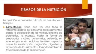 TIEMPOS DE LA NUTRICIÓN
La nutrición se desarrolla a través de tres etapas o
tiempos:
 Alimentación: tiene que ver con todo lo
referente al acto del consumo de los alimentos;
desde la producción de los mismos, la forma de
obtenerlos, la escasez, hasta la forma de
prepararlos y cómo consumirlos. Además, en
esta etapa están incluidos también aspectos
como la masticación, deglución, digestión y
absorción de los alimentos, llamada también la
fase intrínseca de la alimentación.
 