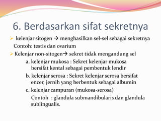 6. Berdasarkan sifat sekretnya
 kelenjar sitogen  menghasilkan sel-sel sebagai sekretnya
Contoh: testis dan ovarium
 Kelenjar non-sitogen sekret tidak mengandung sel
a. kelenjar mukosa : Sekret kelenjar mukosa
bersifat kental sebagai pembentuk lendir
b. kelenjar serosa : Sekret kelenjar serosa bersifat
encer, jernih yang berbentuk sebagai albumin
c. kelenjar campuran (mukosa-serosa)
Contoh : glandula submandibularis dan glandula
sublingualis.
 