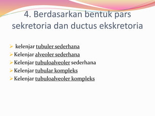 4. Berdasarkan bentuk pars
sekretoria dan ductus ekskretoria
 kelenjar tubuler sederhana
Kelenjar alveoler sederhana
Kelenjar tubuloalveoler sederhana
Kelenjar tubular kompleks
Kelenjar tubuloalveoler kompleks
 