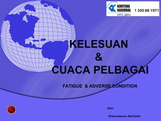 KELESUAN
      &
CUACA PELBAGAI
 FATIGUE & ADVERSE CONDITION



                 Oleh:

                  Khairuzzaman Abd.Halim
 