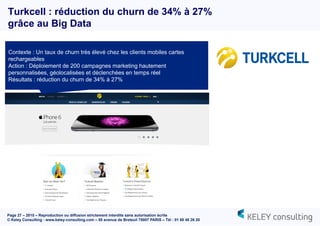 Page 27 – 2015 – Reproduction ou diffusion strictement interdite sans autorisation écrite
© Keley Consulting - www.keley-consulting.com – 55 avenue de Breteuil 75007 PARIS – Tél : 01 80 48 26 20
Turkcell : réduction du churn de 34% à 27%
grâce au Big Data
Contexte : Un taux de churn très élevé chez les clients mobiles cartes
rechargeables
Action : Déploiement de 200 campagnes marketing hautement
personnalisées, géolocalisées et déclenchées en temps réel
Résultats : réduction du churn de 34% à 27%
 