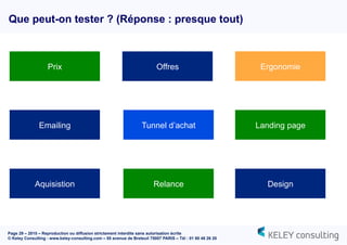 Page 29 – 2015 – Reproduction ou diffusion strictement interdite sans autorisation écrite
© Keley Consulting - www.keley-consulting.com – 55 avenue de Breteuil 75007 PARIS – Tél : 01 80 48 26 20
Que peut-on tester ? (Réponse : presque tout)
Prix Offres Ergonomie
Emailing Tunnel d’achat Landing page
Aquisistion DesignRelance
 