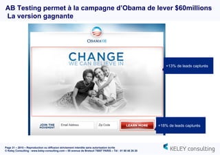 Page 31 – 2015 – Reproduction ou diffusion strictement interdite sans autorisation écrite
© Keley Consulting - www.keley-consulting.com – 55 avenue de Breteuil 75007 PARIS – Tél : 01 80 48 26 20
AB Testing permet à la campagne d’Obama de lever $60millions
La version gagnante
+18% de leads capturés
+13% de leads capturés
 