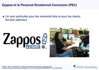 Page 35 – 2015 – Reproduction ou diffusion strictement interdite sans autorisation écrite
© Keley Consulting - www.keley-consulting.com – 55 avenue de Breteuil 75007 PARIS – Tél : 01 80 48 26 20
u  Un soin particulier pour les moments forts et pour les clients
les plus spéciaux
Zappos et le Personal Emotionnal Connexion (PEC)
 