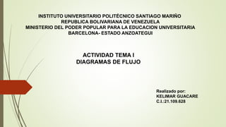INSTITUTO UNIVERSITARIO POLITÉCNICO SANTIAGO MARIÑO
REPUBLICA BOLIVARIANA DE VENEZUELA
MINISTERIO DEL PODER POPULAR PARA LA EDUCACION UNIVERSITARIA
BARCELONA- ESTADO ANZOATEGUI
Realizado por:
KELIMAR GUACARE
C.I.:21.109.628
ACTIVIDAD TEMA I
DIAGRAMAS DE FLUJO
 