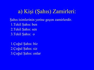 a) Kişi (Şahıs) Zamirleri: Şahıs isimlerinin yerine geçen zamirlerdir. 1.Tekil Şahıs: ben  2.Tekil Şahıs: sen 3.Tekil Şahıs:  o 1.Çoğul Şahıs: biz  2.Çoğul Şahıs: siz 3.Çoğul Şahıs: onlar 