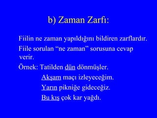 b) Zaman Zarfı: Fiilin ne zaman yapıldığını bildiren zarflardır. Fiile sorulan “ne zaman” sorusuna cevap verir. Örnek: Tatilden  dün  dönmüşler. Akşam  maçı izleyeceğim. Yarın  pikniğe gideceğiz. Bu kış  çok kar yağdı. 