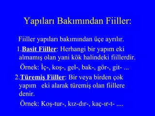 Yapıları Bakımından Fiiller: Fiiller yapıları bakımından üçe ayrılır. 1. Basit Fiiller : Herhangi bir yapım eki  almamış olan yani kök halindeki fiillerdir. Örnek: İç-, koş-, gel-, bak-, gör-, git- ... 2. Türemiş Fiiller : Bir veya birden çok yapım  eki alarak türemiş olan fiillere denir. Örnek: Koş-tur-, kız-dır-, kaç-ır-t- .... 