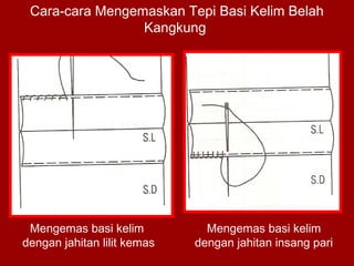 Cara-cara Mengemaskan Tepi Basi Kelim Belah
Kangkung
Mengemas basi kelim
dengan jahitan insang pari
Mengemas basi kelim
dengan jahitan lilit kemas
 