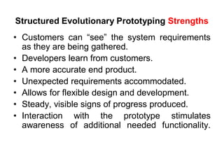 Structured Evolutionary Prototyping Strengths
• Customers can “see” the system requirements
as they are being gathered.
• Developers learn from customers.
• A more accurate end product.
• Unexpected requirements accommodated.
• Allows for flexible design and development.
• Steady, visible signs of progress produced.
• Interaction with the prototype stimulates
awareness of additional needed functionality.
 
