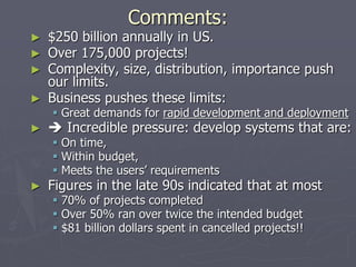 Comments:
► $250 billion annually in US.
► Over 175,000 projects!
► Complexity, size, distribution, importance push
our limits.
► Business pushes these limits:
 Great demands for rapid development and deployment
►  Incredible pressure: develop systems that are:
 On time,
 Within budget,
 Meets the users’ requirements
► Figures in the late 90s indicated that at most
 70% of projects completed
 Over 50% ran over twice the intended budget
 $81 billion dollars spent in cancelled projects!!
 