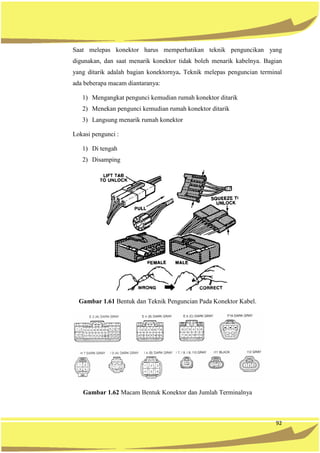 92
Saat melepas konektor harus memperhatikan teknik penguncikan yang
digunakan, dan saat menarik konektor tidak boleh menarik kabelnya. Bagian
yang ditarik adalah bagian konektornya. Teknik melepas penguncian terminal
ada beberapa macam diantaranya:
1) Mengangkat pengunci kemudian rumah konektor ditarik
2) Menekan pengunci kemudian rumah konektor ditarik
3) Langsung menarik rumah konektor
Lokasi pengunci :
1) Di tengah
2) Disamping
Gambar 1.61 Bentuk dan Teknik Penguncian Pada Konektor Kabel.
Gambar 1.62 Macam Bentuk Konektor dan Jumlah Terminalnya
 