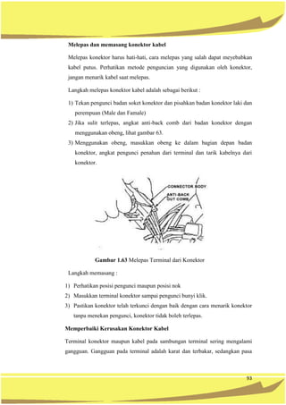 93
Melepas dan memasang konektor kabel
Melepas konektor harus hati-hati, cara melepas yang salah dapat meyebabkan
kabel putus. Perhatikan metode penguncian yang digunakan oleh konektor,
jangan menarik kabel saat melepas.
Langkah melepas konektor kabel adalah sebagai berikut :
1) Tekan pengunci badan soket konektor dan pisahkan badan konektor laki dan
perempuan (Male dan Famale)
2) Jika sulit terlepas, angkat anti-back comb dari badan konektor dengan
menggunakan obeng, lihat gambar 63.
3) Menggunakan obeng, masukkan obeng ke dalam bagian depan badan
konektor, angkat pengunci penahan dari terminal dan tarik kabelnya dari
konektor.
Gambar 1.63 Melepas Terminal dari Konektor
Langkah memasang :
1) Perhatikan posisi pengunci maupun posisi nok
2) Masukkan terminal konektor sampai pengunci bunyi klik.
3) Pastikan konektor telah terkunci dengan baik dengan cara menarik konektor
tanpa menekan pengunci, konektor tidak boleh terlepas.
Memperbaiki Kerusakan Konektor Kabel
Terminal konektor maupun kabel pada sambungan terminal sering mengalami
gangguan. Gangguan pada terminal adalah karat dan terbakar, sedangkan pasa
 