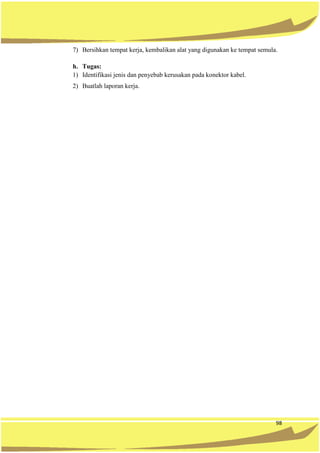 98
7) Bersihkan tempat kerja, kembalikan alat yang digunakan ke tempat semula.
h. Tugas:
1) Identifikasi jenis dan penyebab kerusakan pada konektor kabel.
2) Buatlah laporan kerja.
 