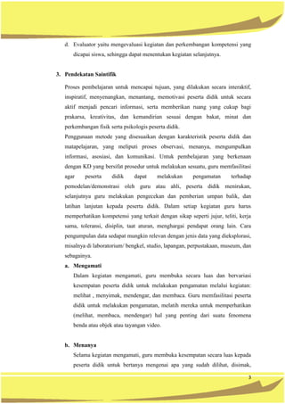 3
d. Evaluator yaitu mengevaluasi kegiatan dan perkembangan kompetensi yang
dicapai siswa, sehingga dapat menentukan kegiatan selanjutnya.
3. Pendekatan Saintifik
Proses pembelajaran untuk mencapai tujuan, yang dilakukan secara interaktif,
inspiratif, menyenangkan, menantang, memotivasi peserta didik untuk secara
aktif menjadi pencari informasi, serta memberikan ruang yang cukup bagi
prakarsa, kreativitas, dan kemandirian sesuai dengan bakat, minat dan
perkembangan fisik serta psikologis peserta didik.
Penggunaan metode yang disesuaikan dengan karakteristik peserta didik dan
matapelajaran, yang meliputi proses observasi, menanya, mengumpulkan
informasi, asosiasi, dan komunikasi. Untuk pembelajaran yang berkenaan
dengan KD yang bersifat prosedur untuk melakukan sesuatu, guru memfasilitasi
agar peserta didik dapat melakukan pengamatan terhadap
pemodelan/demonstrasi oleh guru atau ahli, peserta didik menirukan,
selanjutnya guru melakukan pengecekan dan pemberian umpan balik, dan
latihan lanjutan kepada peserta didik. Dalam setiap kegiatan guru harus
memperhatikan kompetensi yang terkait dengan sikap seperti jujur, teliti, kerja
sama, toleransi, disiplin, taat aturan, menghargai pendapat orang lain. Cara
pengumpulan data sedapat mungkin relevan dengan jenis data yang dieksplorasi,
misalnya di laboratorium/ bengkel, studio, lapangan, perpustakaan, museum, dan
sebagainya.
a. Mengamati
Dalam kegiatan mengamati, guru membuka secara luas dan bervariasi
kesempatan peserta didik untuk melakukan pengamatan melalui kegiatan:
melihat , menyimak, mendengar, dan membaca. Guru memfasilitasi peserta
didik untuk melakukan pengamatan, melatih mereka untuk memperhatikan
(melihat, membaca, mendengar) hal yang penting dari suatu fenomena
benda atau objek atau tayangan video.
b. Menanya
Selama kegiatan mengamati, guru membuka kesempatan secara luas kepada
peserta didik untuk bertanya mengenai apa yang sudah dilihat, disimak,
 