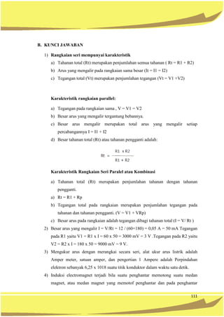 111
B. KUNCI JAWABAN
1) Rangkaian seri mempunyai karakteristik
a) Tahanan total (Rt) merupakan penjumlahan semua tahanan ( Rt = R1 + R2)
b) Arus yang mengalir pada rangkaian sama besar (It = I1 = I2)
c) Tegangan total (Vt) merupakan penjumlahan tegangan (Vt = V1 +V2)
Karakteristik rangkaian parallel:
a) Tegangan pada rangkaian sama , V = V1 = V2
b) Besar arus yang mengalir tergantung bebannya.
c) Besar arus mengalir merupakan total arus yang mengalir setiap
percabangannya I = I1 + I2
d) Besar tahanan total (Rt) atau tahanan pengganti adalah:
Karakteristik Rangkaian Seri Paralel atau Kombinasi
a) Tahanan total (Rt) merupakan penjumlahan tahanan dengan tahanan
pengganti.
a) Rt = R1 + Rp
b) Tegangan total pada rangkaian merupakan penjumlahan tegangan pada
tahanan dan tahanan pengganti. (V = V1 + VRp)
c) Besar arus pada rangkaian adalah tegangan dibagi tahanan total (I = V/ Rt )
2) Besar arus yang mengalir I = V/Rt = 12 / (60+180) = 0,05 A = 50 mA Tegangan
pada R1 yaitu V1 = R1 x I = 60 x 50 = 3000 mV = 3 V .Tegangan pada R2 yaitu
V2 = R2 x I = 180 x 50 = 9000 mV = 9 V.
3) Mengukur arus dengan merangkai secara seri, alat ukur arus listrik adalah
Amper meter, satuan amper, dan pengertian 1 Ampere adalah Perpindahan
elektron sebanyak 6,25 x 1018 suatu titik konduktor dalam waktu satu detik.
4) Induksi electromagnet terjadi bila suatu penghantar memotong suatu medan
magnet, atau medan magnet yang memotof penghantar dan pada penghantar
 