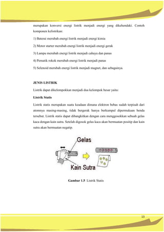 13
merupakan konversi energi listrik menjadi energi yang dikehendaki. Contoh
komponen kelistrikan:
1) Baterai merubah energi listrik menjadi energi kimia
2) Motor starter merubah energi listrik menjadi energi gerak
3) Lampu merubah energi listrik menjadi cahaya dan panas
4) Pematik rokok merubah energi listrik menjadi panas
5) Selenoid merubah energi listrik menjadi magnet, dan sebagainya.
JENIS LISTRIK
Listrik dapat dikelompokkan menjadi dua kelompok besar yaitu:
Listrik Statis
Listrik statis merupakan suatu keadaan dimana elektron bebas sudah terpisah dari
atomnya masing-masing, tidak bergerak hanya berkumpul dipermukaan benda
tersebut. Listrik statis dapat dibangkitkan dengan cara menggosokkan sebuah gelas
kaca dengan kain sutra. Setelah digosok gelas kaca akan bermuatan positip dan kain
sutra akan bermuatan negatip.
Gambar 1.5 Listrik Statis
 