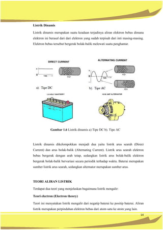 14
Listrik Dinamis
Listrik dinamis merupakan suatu keadaan terjadinya aliran elektron bebas dimana
elektron ini berasal dari dari elektron yang sudah terpisah dari inti masing-masing.
Elektron bebas tersebut bergerak bolak-balik melewati suatu penghantar.
Gambar 1.6 Listrik dinamis a) Tipe DC b). Tipe AC
Listrik dinamis dikelompokkan menjadi dua yaitu listrik arus searah (Direct
Current) dan arus bolak-balik (Alternating Current). Listrik arus searah elektron
bebas bergerak dengan arah tetap, sedangkan listrik arus bolak-balik elektron
bergerak bolak-balik bervariasi secara periodik terhadap waktu. Baterai merupakan
sumber listrik arus searah, sedangkan alternator merupakan sumber arus.
TEORI ALIRAN LISTRIK
Terdapat dua teori yang menjelaskan bagaimana listrik mengalir:
Teori electron (Electron theory)
Teori ini menyatakan listrik mengalir dari negatip baterai ke positip baterai. Aliran
listrik merupakan perpindahan elektron bebas dari atom satu ke atom yang lain.
 