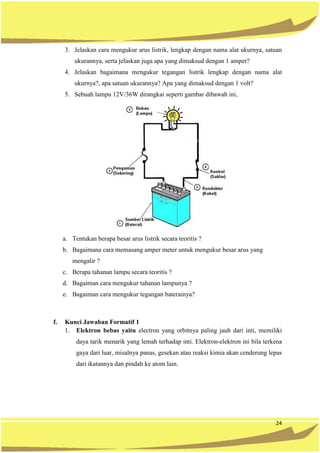 24
3. Jelaskan cara mengukur arus listrik, lengkap dengan nama alat ukurnya, satuan
ukurannya, serta jelaskan juga apa yang dimaksud dengan 1 amper?
4. Jelaskan bagaimana mengukur tegangan listrik lengkap dengan nama alat
ukurnya?, apa satuan ukurannya? Apa yang dimaksud dengan 1 volt?
5. Sebuah lampu 12V/36W dirangkai seperti gambar dibawah ini,
a. Tentukan berapa besar arus listrik secara teoritis ?
b. Bagaimana cara memasang amper meter untuk mengukur besar arus yang
mengalir ?
c. Berapa tahanan lampu secara teoritis ?
d. Bagaiman cara mengukur tahanan lampunya ?
e. Bagaiman cara mengukur tegangan baterainya?
f. Kunci Jawaban Formatif 1
1. Elektron bebas yaitu electron yang orbitnya paling jauh dari inti, memiliki
daya tarik menarik yang lemah terhadap inti. Elektron-elektron ini bila terkena
gaya dari luar, misalnya panas, gesekan atau reaksi kimia akan cenderung lepas
dari ikatannya dan pindah ke atom lain.
 