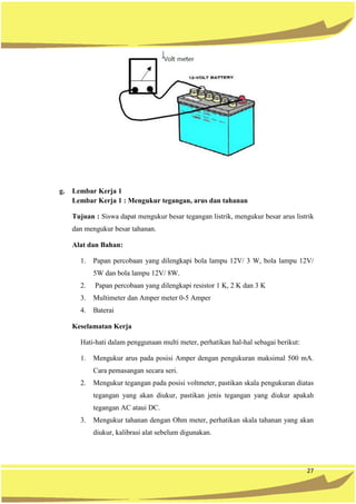 27
g. Lembar Kerja 1
Lembar Kerja 1 : Mengukur tegangan, arus dan tahanan
Tujuan : Siswa dapat mengukur besar tegangan listrik, mengukur besar arus listrik
dan mengukur besar tahanan.
Alat dan Bahan:
1. Papan percobaan yang dilengkapi bola lampu 12V/ 3 W, bola lampu 12V/
5W dan bola lampu 12V/ 8W.
2. Papan percobaan yang dilengkapi resistor 1 K, 2 K dan 3 K
3. Multimeter dan Amper meter 0-5 Amper
4. Baterai
Keselamatan Kerja
Hati-hati dalam penggunaan multi meter, perhatikan hal-hal sebagai berikut:
1. Mengukur arus pada posisi Amper dengan pengukuran maksimal 500 mA.
Cara pemasangan secara seri.
2. Mengukur tegangan pada posisi voltmeter, pastikan skala pengukuran diatas
tegangan yang akan diukur, pastikan jenis tegangan yang diukur apakah
tegangan AC ataui DC.
3. Mengukur tahanan dengan Ohm meter, perhatikan skala tahanan yang akan
diukur, kalibrasi alat sebelum digunakan.
 