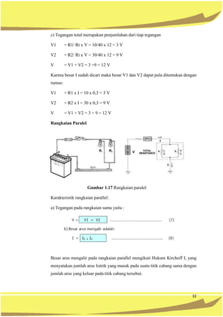 32
c) Tegangan total merupakan penjumlahan dari tiap tegangan
V1 = R1/ Rt x V = 10/40 x 12 = 3 V
V2 = R2/ Rt x V = 30/40 x 12 = 9 V
V = V1 + V2 = 3 +9 = 12 V
Karena besar I sudah dicari maka besar V1 dan V2 dapat pula ditentukan dengan
rumus:
V1 = R1 x I = 10 x 0,3 = 3 V
V2 = R2 x I = 30 x 0,3 = 9 V
V = V1 + V2 = 3 + 9 = 12 V
Rangkaian Paralel
Gambar 1.17 Rangkaian paralel
Karakteristik rangkaian parallel:
a) Tegangan pada rangkaian sama yaitu :
Besar arus mengalir pada rangkaian parallel mengikuti Hukum Kirchoff I, yang
menyatakan jumlah arus listrik yang masuk pada suatu titik cabang sama dengan
jumlah arus yang keluar pada titik cabang tersebut.
 