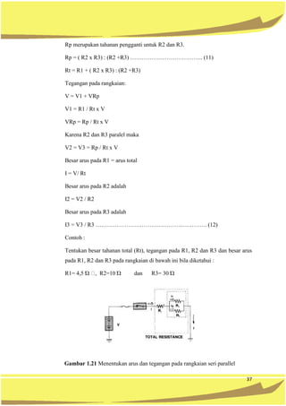 37
Rp merupakan tahanan pengganti untuk R2 dan R3.
Rp = ( R2 x R3) : (R2 +R3) ……………………………….. (11)
Rt = R1 + ( R2 x R3) : (R2 +R3)
Tegangan pada rangkaian:
V = V1 + VRp
V1 = R1 / Rt x V
VRp = Rp / Rt x V
Karena R2 dan R3 paralel maka
V2 = V3 = Rp / Rt x V
Besar arus pada R1 = arus total
I = V/ Rt
Besar arus pada R2 adalah
I2 = V2 / R2
Besar arus pada R3 adalah
I3 = V3 / R3 …………………………………………………. (12)
Contoh :
Tentukan besar tahanan total (Rt), tegangan pada R1, R2 dan R3 dan besar arus
pada R1, R2 dan R3 pada rangkaian di bawah ini bila diketahui :
R1= 4,5 Ώ R2=10 Ώ dan R3= 30 Ώ
Gambar 1.21 Menentukan arus dan tegangan pada rangkaian seri parallel
 