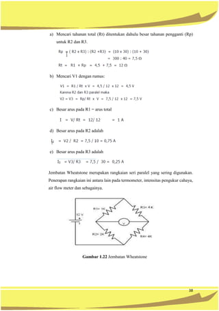 38
a) Mencari tahanan total (Rt) ditentukan dahulu besar tahanan pengganti (Rp)
untuk R2 dan R3.
b) Mencari V1 dengan rumus:
c) Besar arus pada R1 = arus total
d) Besar arus pada R2 adalah
e) Besar arus pada R3 adalah
Jembatan Wheatstone merupakan rangkaian seri paralel yang sering digunakan.
Penerapan rangkaian ini antara lain pada termometer, intensitas pengukur cahaya,
air flow meter dan sebagainya.
Gambar 1.22 Jembatan Wheatstone
 