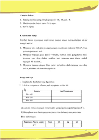 44
Alat dan Bahan:
1. Papan percobaan yang dilengkapi resistor 1 K, 2 K dan 3 K
2. Multimeter dan Amper meter 0-1 Amper
3. Power suplay
Keselamatan Kerja
Hati-hati dalam penggunaan multi meter maupun amper meterperhatikan hal-hal
sebagai berikut:
1. Mengukur arus pada posisi Amper dengan pengukuran maksimal 500 mA. Cara
pemasangan secara seri.
2. Mengukur tegangan pada posisi voltmeter, pastikan skala pengukuran diatas
tegangan yang akan diukur, pastikan jenis tegangan yang diukur apakah
tegangan AC ataui DC.
3. Mengukur tahanan dengan Ohm meter, perhatikan skala tahanan yang akan
diukur, kalibrasi alat sebelum digunakan
Langkah Kerja
1. Siapkan alat dan bahan yang diperlukan
2. Lakukan pengukuran tahanan pada komponen berikut ini:
a) Atur dan periksa tegangan power suplay yang digunakan pada tegangan 6 V.
b) Hitung besar arus dan tegangan secara teoritis dari rangkaian percobaan
Hasil perhitungan:
 