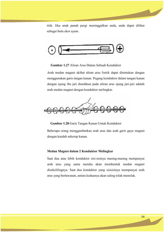 54
titik. Jika anak panah pergi meninggalkan anda, anda dapat dilihat
sebagai bulu ekor ayam.
Gambar 1.27 Aliran Arus Dalam Sebuah Konduktor
Arah medan magnet akibat aliran arus listrik dapat ditentukan dengan
menggunakan garis tangan kanan. Pegang konduktor dalam tangan kanan
dengan ujung ibu jari diarahkan pada aliran arus ujung jari-jari adalah
arah medan magnet dengan konduktor melingkar.
Gambar 1.28 Garis Tangan Kanan Untuk Konduktor
Beberapa orang menggambarkan arah arus dan arah garis gaya magnet
dengan kaedah sekerup kanan.
Medan Magnet dalam 2 Konduktor Melingkar
Saat dua atau lebih konduktor sisi-sisinya masing-masing mempunyai
arah arus yang sama mereka akan membentuk medan magnet
disekelilingnya. Saat dua konduktor yang sisisisinya mempunyai arah
arus yang berlawanan, antara keduanya akan saling tolak-menolak.
 