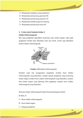 64
3) Menjelaskan terjadinya mutual induction
4) Menjelaskan prinsip kerja generator DC
5) Menjelaskan prinsip karja generator AC
6) Menjelaskan kaedah tangan kiri Flaming
7) Menjelaskan prinsip kerja motor DC
b. Uraian materi kegiatan belajar 4
Induksi Elektromagnetik
Bila suatu penghantar digerakkan memotong suatu medan magnet, maka pada
penghantar tersebut akan dihasilkan suatu arus listrik. Listrik yang dihasilkan
disebut induksi elektromagnetik.
Gambar 1.36 Induksi Elektromagnetik
Semakin cepat kita menggerakan penghantar semakin besar induksi
elektromagnetik yang dihasilkan, semakin banyak penghantar yang memotong
medan magnet semakin besar induksi elektromagnetik yang dihasilkan, semakin
kuat medan magnet yang dipotong oleh penghantar semakin besar induksi
elektromagnetik yang dihasilkan.
Besarnya induksi elektromagnetik dapat dirumuskansebagain berikut:
E= B. L. V
E = Besar induksi elektromagnetik
B = Kuat medan magnet
L = Panjang penghantar
 