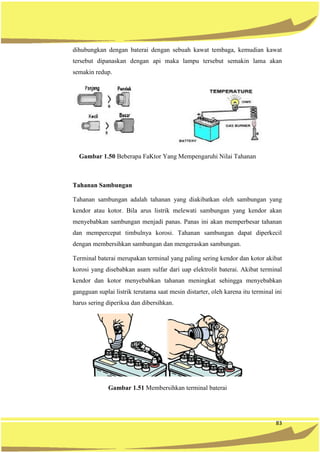 83
dihubungkan dengan baterai dengan sebuah kawat tembaga, kemudian kawat
tersebut dipanaskan dengan api maka lampu tersebut semakin lama akan
semakin redup.
Gambar 1.50 Beberapa FaKtor Yang Mempengaruhi Nilai Tahanan
Tahanan Sambungan
Tahanan sambungan adalah tahanan yang diakibatkan oleh sambungan yang
kendor atau kotor. Bila arus listrik melewati sambungan yang kendor akan
menyebabkan sambungan menjadi panas. Panas ini akan memperbesar tahanan
dan mempercepat timbulnya korosi. Tahanan sambungan dapat diperkecil
dengan membersihkan sambungan dan mengeraskan sambungan.
Terminal baterai merupakan terminal yang paling sering kendor dan kotor akibat
korosi yang disebabkan asam sulfar dari uap elektrolit baterai. Akibat terminal
kendor dan kotor menyebabkan tahanan meningkat sehingga menyebabkan
gangguan suplai listrik terutama saat mesin distarter, oleh karena itu terminal ini
harus sering diperiksa dan dibersihkan.
Gambar 1.51 Membersihkan terminal baterai
 