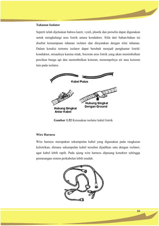 84
Tahanan Isolator
Seperti telah dijelaskan bahwa karet, vynil, plastik dan porselin dapat digunakan
untuk menghalangi arus listrik antara konduktor. Sifat dari bahan-bahan ini
disebut kemampuan tahanan isolator dan dinyatakan dengan nilai tahanan.
Dalam kondisi tertentu isolator dapat berubah menjadi penghantar listrik/
konduktor, misaalnya karena retak, bocoran arus listrik yang akan menimbulkan
percikan bunga api dan menimbulkan kotoran, menempelnya air atau kotoran
lain pada isolator.
Gambar 1.52 Kerusakan isolator kabel listrik
Wire Harness
Wire harness merupakan sekumpulan kabel yang digunakan pada rangkaian
kelistrikan, dimana sekumpulan kabel tersebut dijadikan satu dengan isolator,
agar kabel lebih rapih. Pada ujung wire harness dipasang konektor sehingga
pemasangan sistem perkabelan lebih mudah.
 