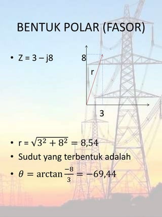 BENTUK POLAR (FASOR)
• Z = 3 – j8 8
r
3
• r = 32 + 82 = 8,54
• Sudut yang terbentuk adalah
• 𝜃 = arctan
−8
3
= −69,44
 