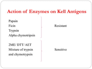 Action of Enzymes on Kell Antigens
Papain
Ficin Resistant
Trypsin
Alpha chymotripsin
2ME/ DTT/ AET
Mixture of trypsin Sensitive
and chymotrypsin
 