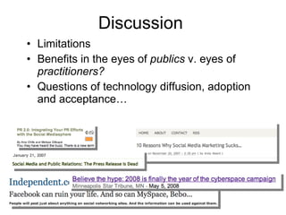 Discussion Limitations Benefits in the eyes of  publics  v. eyes of  practitioners? Questions of technology diffusion, adoption and acceptance… 