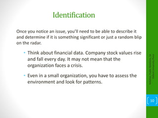 Identification
Once you notice an issue, you’ll need to be able to describe it
and determine if it is something significant or just a random blip
on the radar.
• Think about financial data. Company stock values rise
and fall every day. It may not mean that the
organization faces a crisis.
• Even in a small organization, you have to assess the
environment and look for patterns.
Kelleher,PublicRelations,1e
OxfordUniversityPress
10
 