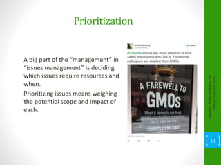 Prioritization
A big part of the “management” in
“issues management” is deciding
which issues require resources and
when.
Prioritizing issues means weighing
the potential scope and impact of
each.
Kelleher,PublicRelations,1e
OxfordUniversityPress
11
 