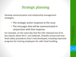 Strategic planning
Develop communication and relationship management
strategies.
• The strategic action response to the issue
• The messages that will be communicated in
conjunction with that response
For example, on the same day that the CDC released one of its
key reports about the E. coli outbreak, Chipotle announced new
food-safety procedures that it had developed, including improved
programs for training employees for safer food handling.
Kelleher,PublicRelations,1e
OxfordUniversityPress
13
 