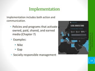 Implementation
Implementation includes both action and
communication.
• Policies and programs that activate
owned, paid, shared, and earned
media (Chapter 7)
• Examples:
• Nike
• Gap
• Socially responsible management
Kelleher,PublicRelations,1e
OxfordUniversityPress
14
 