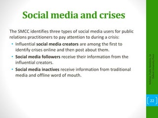 Social media and crises
The SMCC identifies three types of social media users for public
relations practitioners to pay attention to during a crisis:
• Influential social media creators are among the first to
identify crises online and then post about them.
• Social media followers receive their information from the
influential creators.
• Social media inactives receive information from traditional
media and offline word of mouth.
Kelleher,PublicRelations,1e
OxfordUniversityPress
22
 